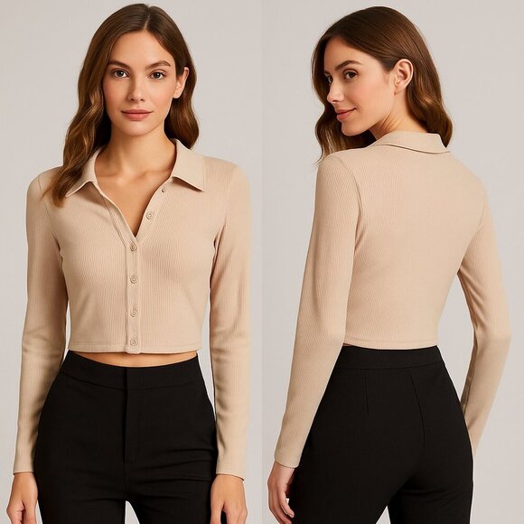 SHEIN✨Ribbed Collared Button Down Crop Top👚 Long Sleeve Neutral Beige Sz S - Picture 1 of 10